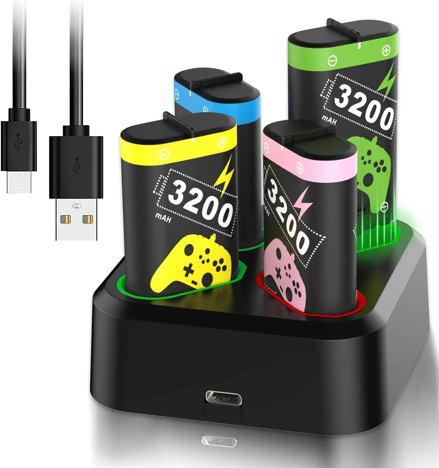Rechargeable Battery Pack for Xbox with Charger, 4x3200mWh Fast Charging Rechargeable Battery Packs for Xbox, Xbox One Series X|S, One S/X/Elite Controllers