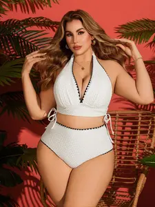 【Plus Size】 Two-piece Set Colorblock Deep V Neck Bikini Set, Casual Fashion Chic Swimsuit Set for Beach Holiday Vacation, Women's Swimwear for All Seasons