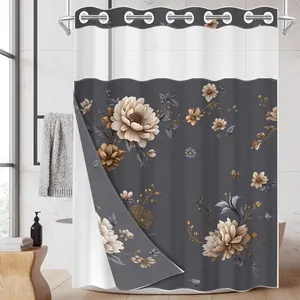 1pc hookless shower curtain with buckle lining, Shower Curtain Liner, spring gray background with beige floral design, 2D flat printing, waterproof lining, see-through double-layer, 71 x 74 inches, modern home curtain, Bathroom Curtain