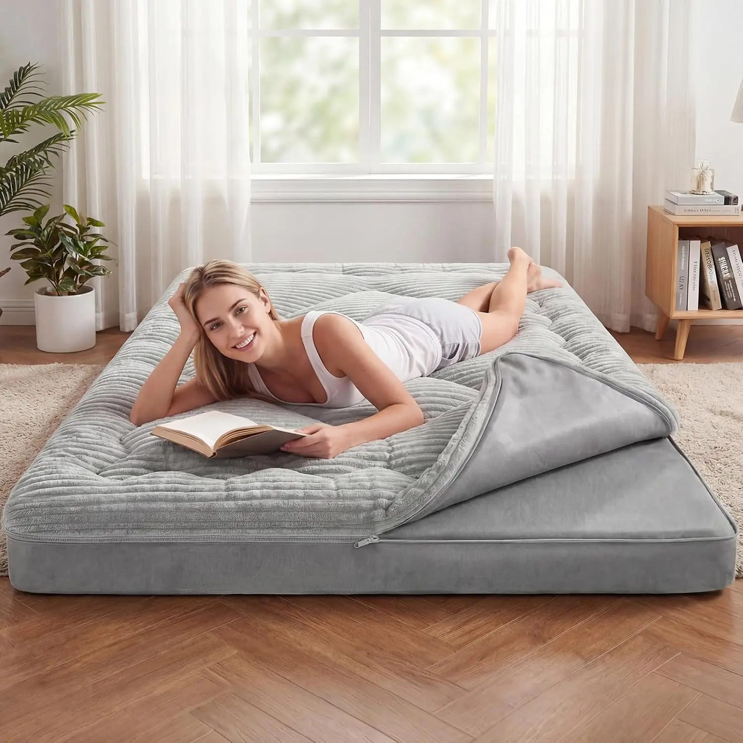 2-in-1 Corduroy Floor Mattress Queen, 6-Inch Extra Thick Japanese Futon Mattress, Soft & Firm Dual-Layer Foldable Floor Bed for Adults, Guests, Pets & Yoga, Roll-Up Sleeping Mat with Machine-Washable Cover