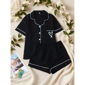 Women's All Over Print Shortsleeve Loungewear Co-ord Set, Comfort Contrast Binding Lapel Collar Pocket Top & Shorts PJ Set, Back-to-School Clothing,?Summer Clothes Women, Womenswear, Sleepwear Homewear Clothing, Birthday GiftsGift