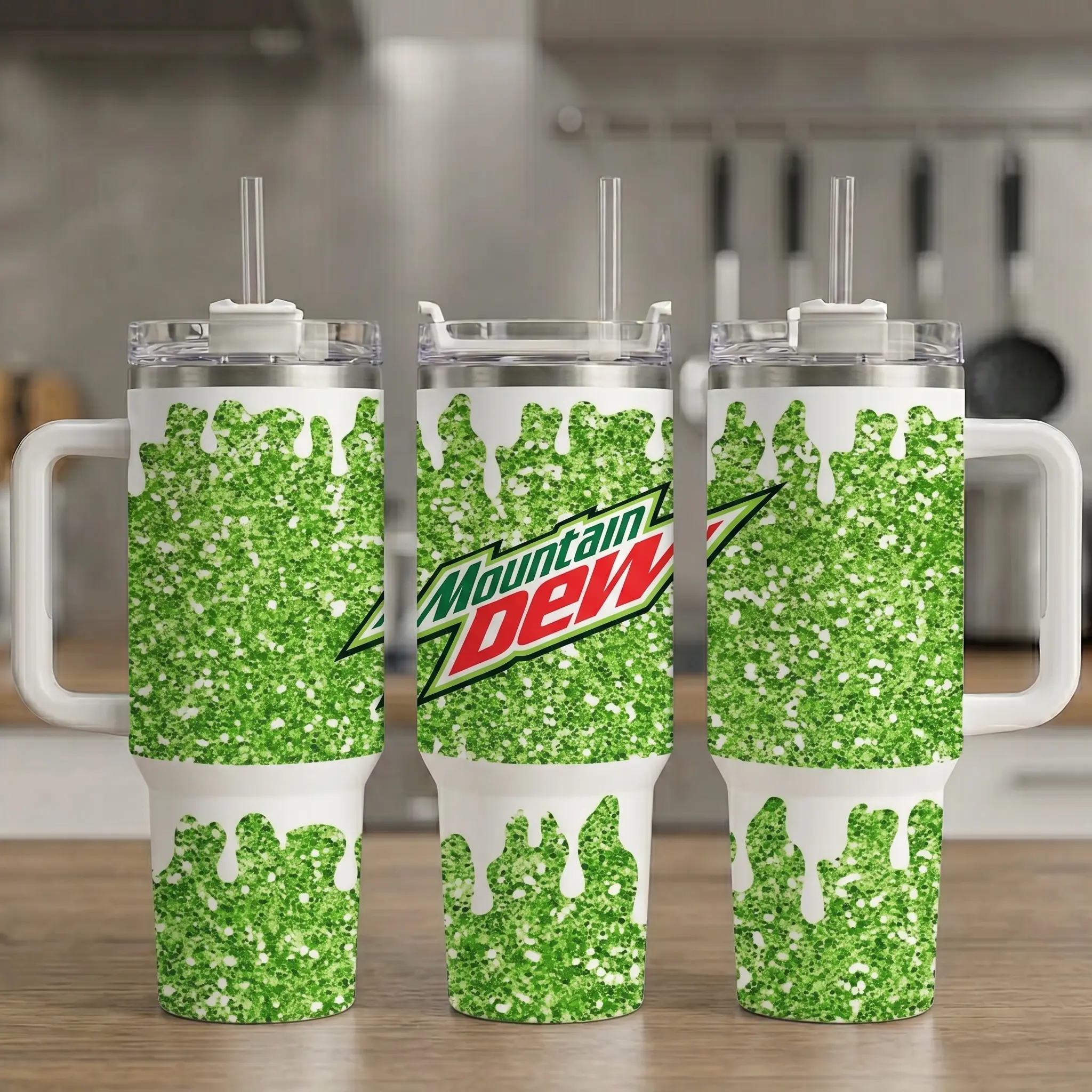 Mountain Dew Green Glitter Drip 40oz Insulated Tumbler With Handle & Straw, Mtn Dew Inspired Sparkly Stainless Steel Travel Mug, Soda Lover Graphic Cup, Aesthetic Soft Drink Drinkware, Green Glitter Fan Gift