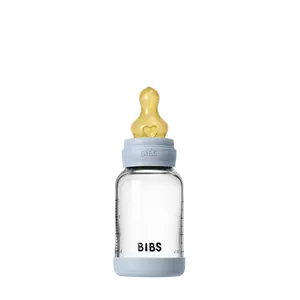 Bibs Baby Glass Bottle Set 4oz Latex Baby Blue from Denmark with Heart-Shaped Cap for Feeding and Nursery