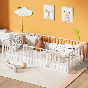 NEKODO Twin/Full/Queen Size FloorBed for Kids Metal Montessori Bed Frame with Safety Guardrails Multifunctional Montessori Floor Bed, No Weight Limit,Sturdy Iron Construction， Easy Assemble,  Toddler Pod Beds Floorbed，White，Black