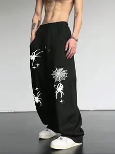 Men's Casual Sporty Long Pants, Unique Spider Print Drawstring Wide Leg Joggers, Loose Fit All Season Men's Clothing for Everyday Wear