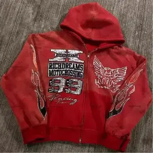 2025 Street Hip-Hop Printed Hooded Sweatshirt - Unisex Black & Red Zipper Jacket - Harajuku Casual Sweater, Urban Streetwear comfortable long sleeve season wear mud wash denim designer clothing az fashion skull hoodie men summerwe