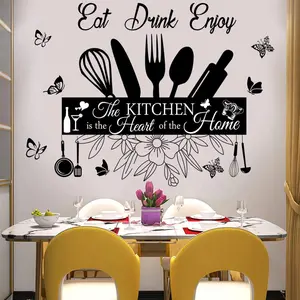 Wall Stickers Kitchen Quotes The Kitchen is The Heart of Home Sign Decor Word Saying Lettering Eat Drink Enjoy Wall Decals Removable DIY Vinyl Wall Art Sticker for Kitchen Living Room Dining Room