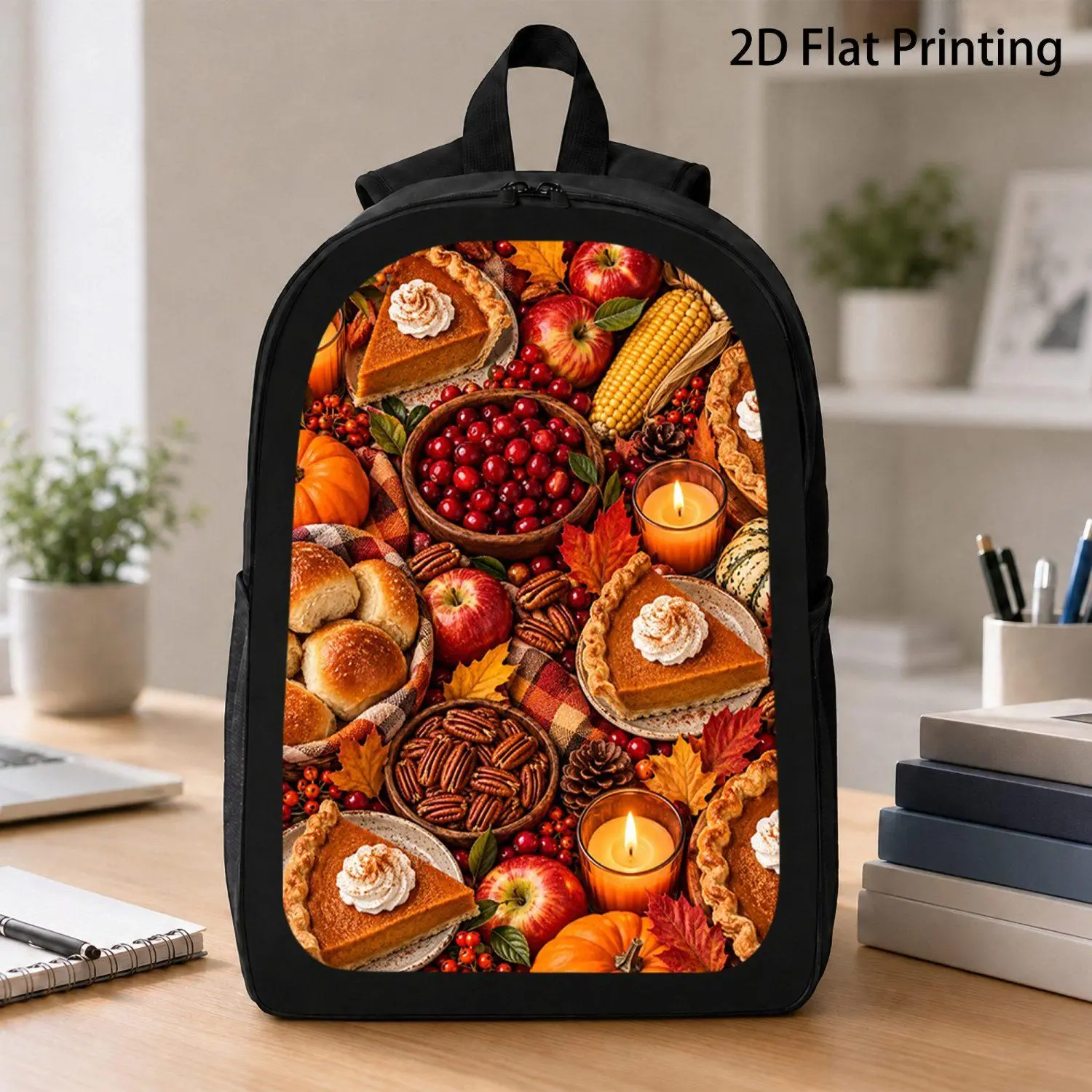 17 Inch Backpack Fall Harvest Food Apple Cranberry Pie Candle Leaves Print Backpack Trendy Thanksgiving Season Pattern Backpack for Casual Commute Weekend Travel and Outdoor Use