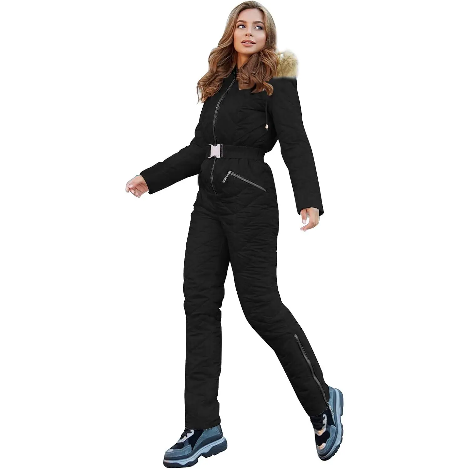 Yousify Women's Winter Ski Suit One-Piece Hooded Fur Collar Jumpsuit Snowsuit Outdoor Sports Coat Waterproof Removable Fur Collar Skiing Insulated