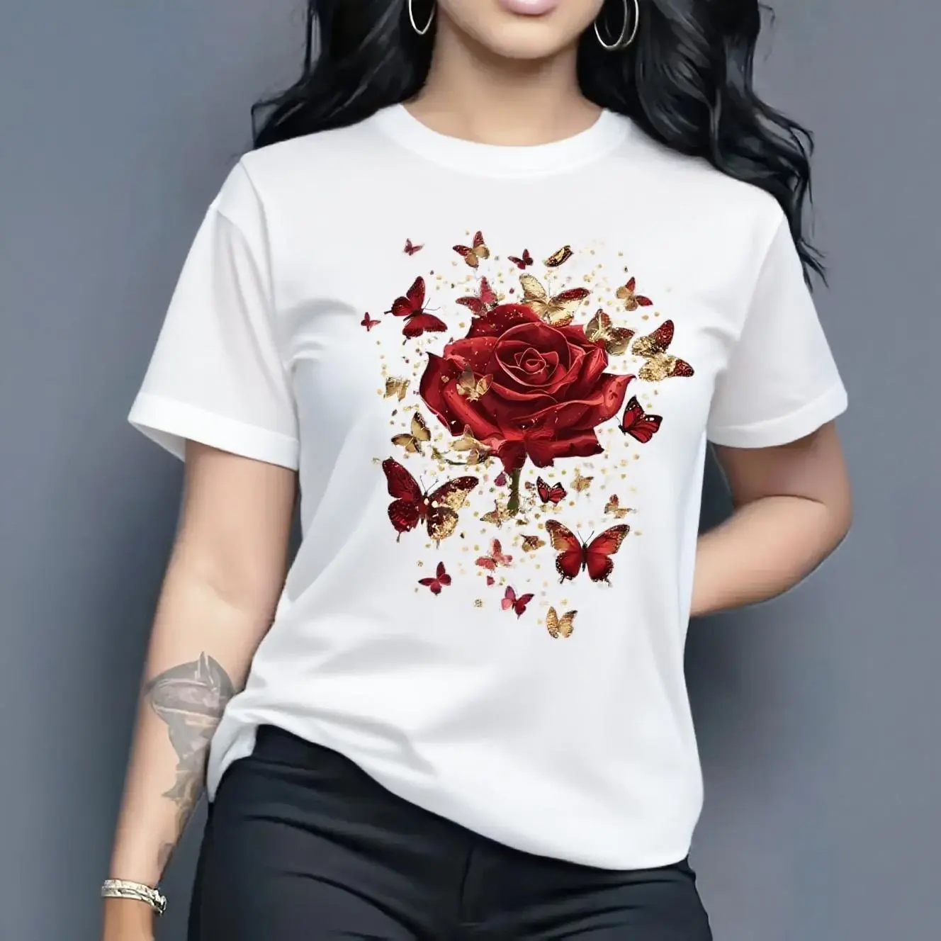 Women's Casual Short Sleeve Round Neck T-Shirt - Vibrant Purple Butterfly and Rose Pattern Print, Medium Stretch Machine Washable Top, Spring Summer Women's T-Shirt, Comfortable Fit Shirt