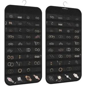 [Home Relaxation] Large 80-Grid Hanging Jewelry Organizer with Metal Hooks – Double-Sided Storage for Earrings, Necklaces, Rings, Bracelets & Accessories, Wall-Mounted or Closet-Hung Fabric Holder, Accessory Storage |   Visible Storage |   Durable Fabric,