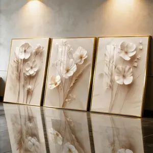 3 Count Aluminum Alloy Frame Canvas， Beige Floral Art， Fashion Poster， Modern Living Room Decoration， Light Luxury Family Art， Suitable For Bedroom， Corridor And Office Wall Decor， Gift