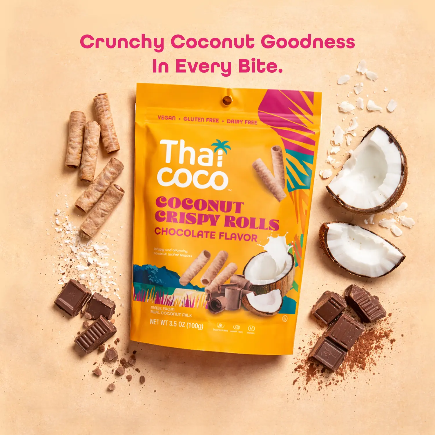 Thai Coco Chocolate Crispy Coconut Rolls 1 Bag (3.5 oz) - Organic Tropical Snack, Vegan, Gluten-Free, Dairy-Free, Non-GMO, Light Fluffy Healthy Snack