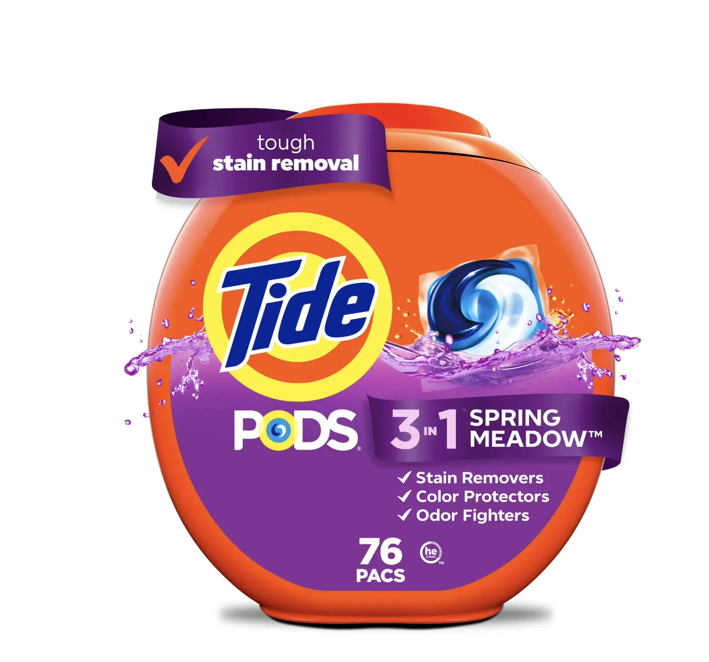 Tide Pods 3 in 1 Spring Meadow 76 Pacs - Tough Stain Removal, Color Protectors, Odor Fighters for Fresh Results