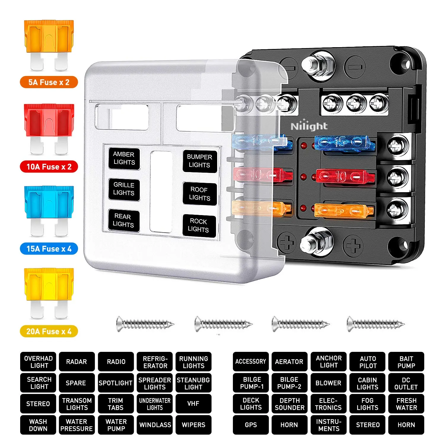 Nilight 50055F 6-Way Blade Screw Fuse Block - 6-Circuit Copper Holder with Negative Bus, LED Indicator, Clip-Lock Protection Cover, Transparent Waterproof Lid for ATO/ATC Fuses, 12V Car, Ship, Subway, 100A Per Panel, 32V + Pre-Printed DIY Stickers