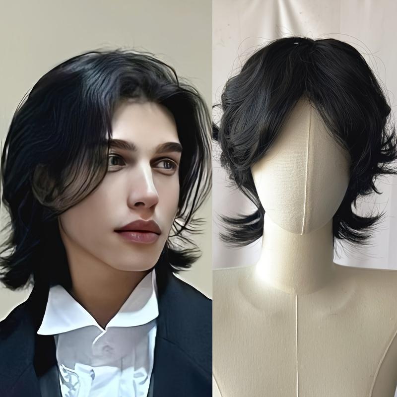 Men's Short Wig Wolf Tail Mullet Cosplay Halloween Wig with Button Net, Easy to Wear