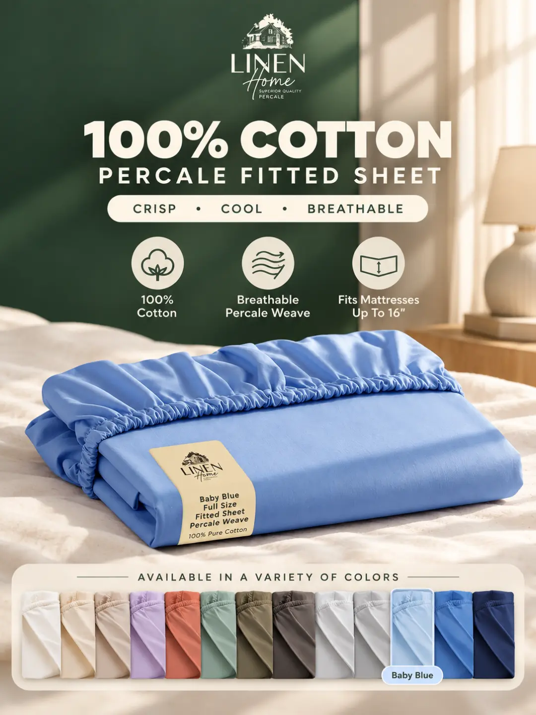 Linen Home 100% Cotton Percale Weave Fitted Sheet, 1 Deep Pocket Fitted Sheet, Fits Mattress Upto 16", Crisp and Cool Strong Bed Linen