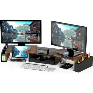 Desk Dual Monitor Stand Riser with Drawer, Rustic Brown