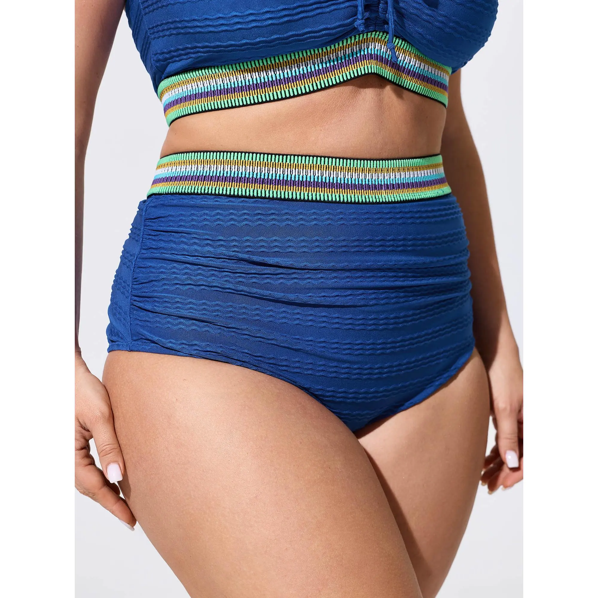 BLOOMCHIC Plus Size Textured Color Contrast High Waisted Swim Bottoms [M-6X] Summerfinds