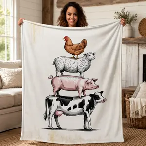 Flannel Throw Blankets Farm Cow Pig Chicken Throws Blankets, Funny Animal Retro Style Lightweight Soft Warm Blanket for Couch Sofa Bed Living Room All Season Use