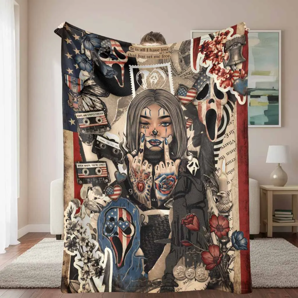 American Flag Art Flannel Blanket Grunge Collage Print Ultra Soft Lightweight Breathable Warm Throws Perfect For Bed Couch Living Room Sofa Home Decor Holiday Gifts Bedroom Relaxation Cozy Snuggle Moments Indoor Outdoor Use