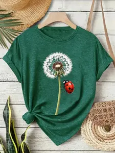Women's Dandelion and Ladybug Pattern Printed T-Shirt, Soft Elastic Round Neck Short Sleeve Top, Casual Summer Spring Tee, Vacation Wear