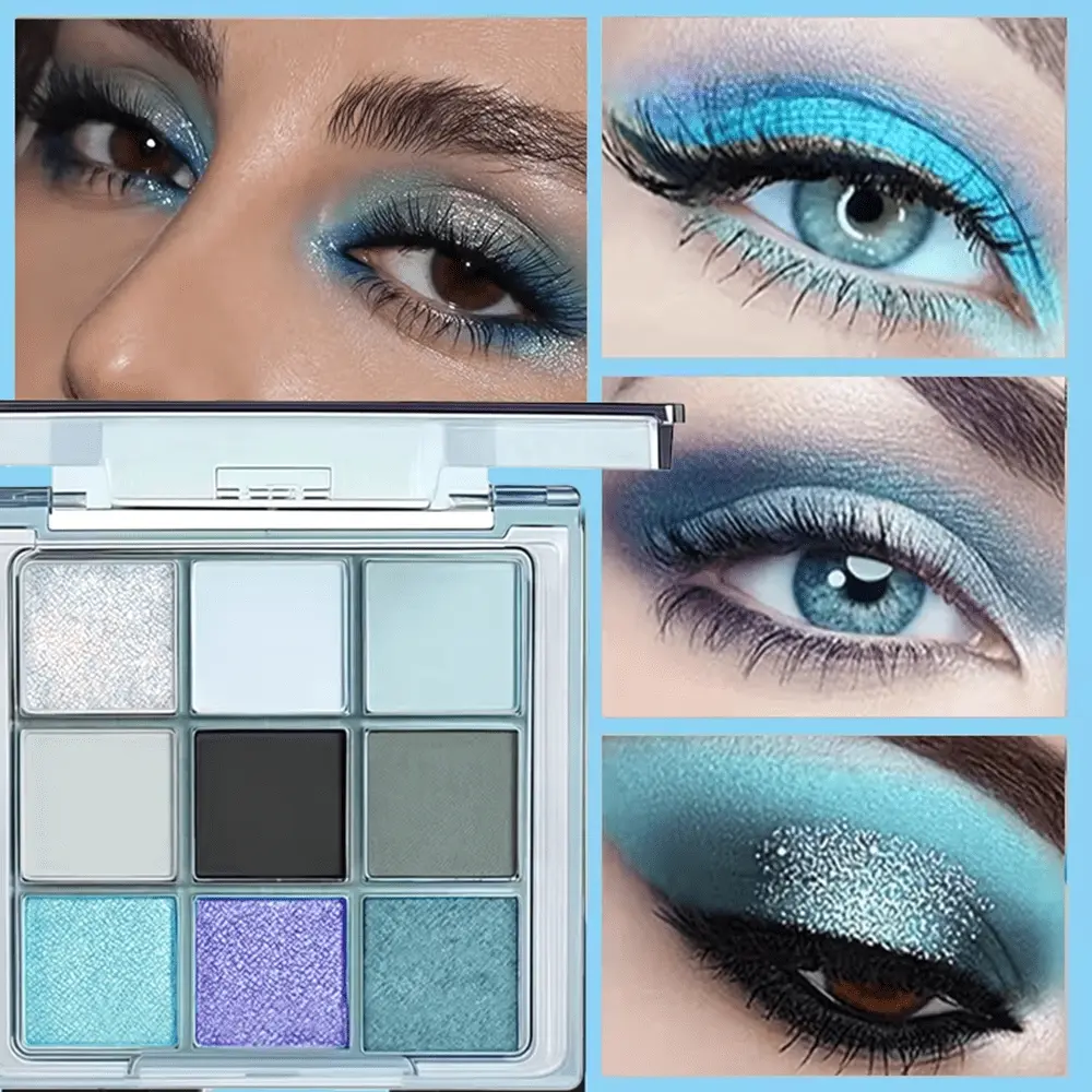 1pc Dream Blue 9-Color Eyeshadow Palette, Matte Shimmer Pearlescent Shades, Matte And Glitter, Waterproof Sweatproof Oil-Control, Long-Lasting Pigment, Easy to Blend, Suitable for Halloween Christmas, Ideal for Daily Wear & Party Makeup