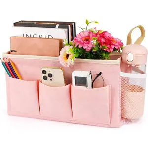 Bedside Caddy Bedside Organizer Bedside Storage Caddy with Fixed Straps and Water Bottle Holder for Home College Dorm Bunk Bed Hospital Bed Crib Bed Rails (Pink)
