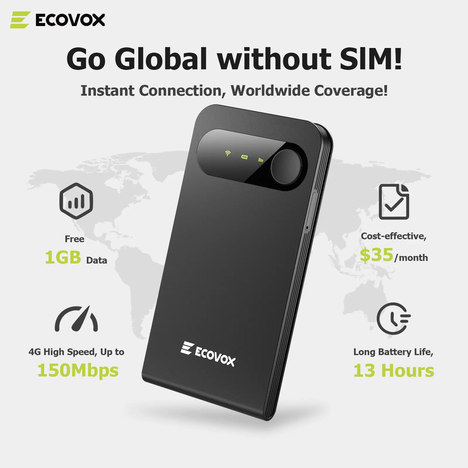 ECOVOX 4G Portable Mini WiFi Hotspot - SIM-Free, 13-Hour Battery, 9-Device Connectivity, Type-C USB-C Port, Wi-Fi Secure - Ideal for Travel, Business Use (No SIM Needed)