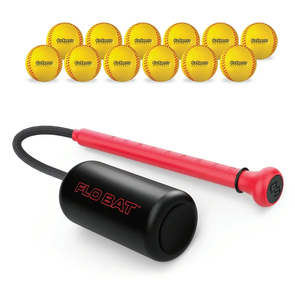 GoSports Baseball & Softball Rope Swing Trainer - Batting Practice Equipment - Includes FLO BAT with 12 Foam Baseballs & Tote Bag