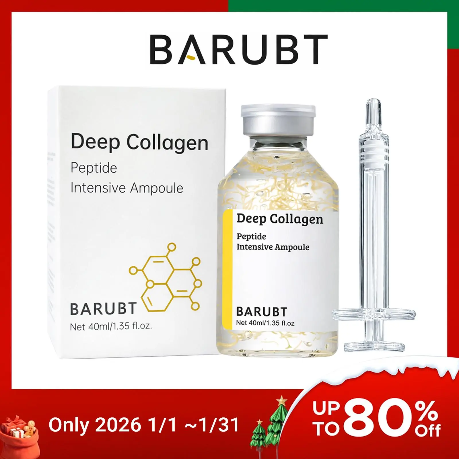 BARUBT Deep Collagen Peptide Intensive Ampoule, Korean Anti-Aging Facial Essence for Face Tightening, Lifting, Smoothing, Hydrating, 40ml, 2 Pack