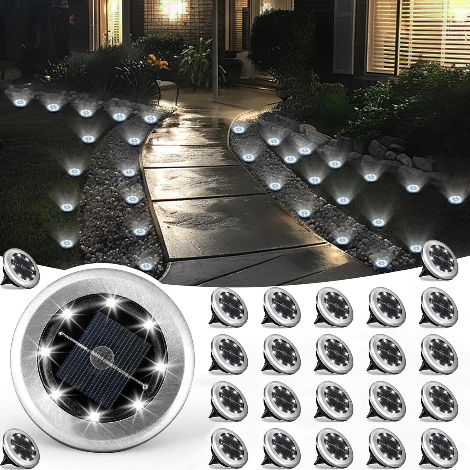 Pacilack 24 Pack Waterproof Outdoor Ground Lights, Solar Pathway Lights, IP44 Waterproof, LED Landscape Garden Lights for Yard, Driveway, Walkway (Cool/Warm White)