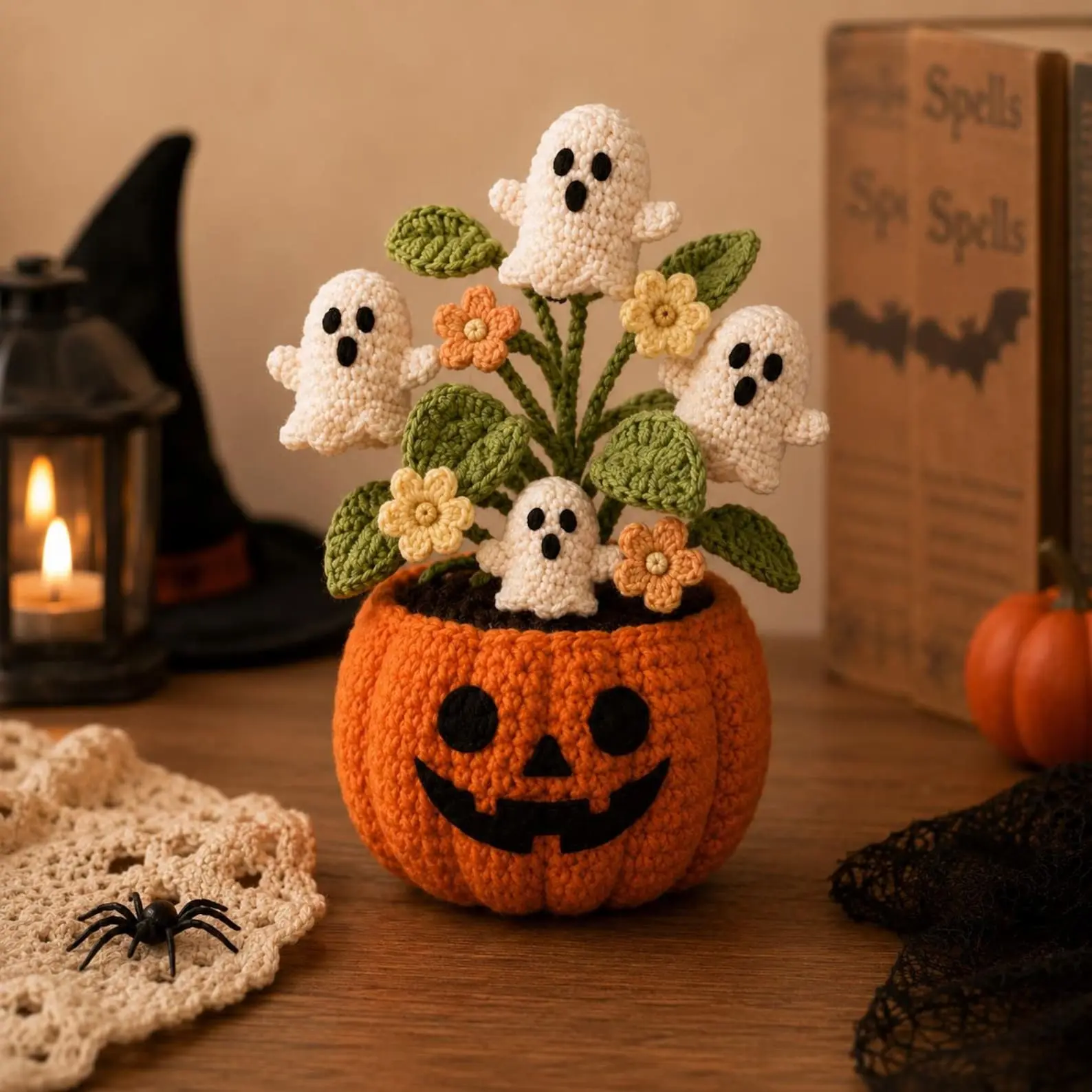 Halloween Crochet Ghost Pumpkin Planter, Handmade Amigurumi Ghost Decor, Cute Halloween Desk Decor, Fall Pumpkin Crochet Gift