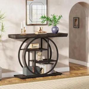 LITTLE TREE 41.3" Console Table, Industrial 4-Tier Sofa Table Entryway Table with Circle Base, Narrow Wood Accent Tables with Storage Shelves for Living Room, Hallway, Foyer