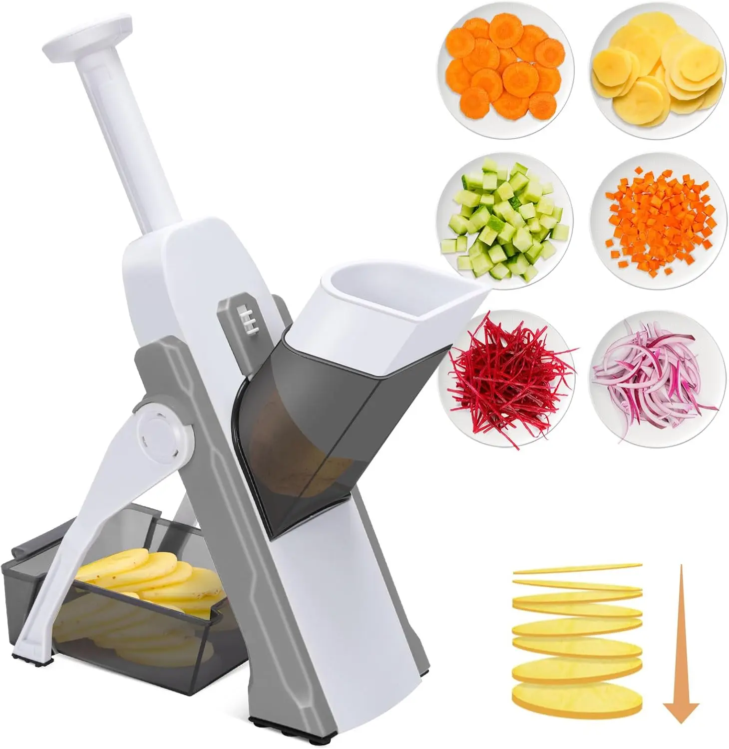 Safe Mandoline Slicer for Kitchen Multifunctional Vegetable Slicer Professional Mandolin Thickness Adjustable with Container for Meal Prep Gray