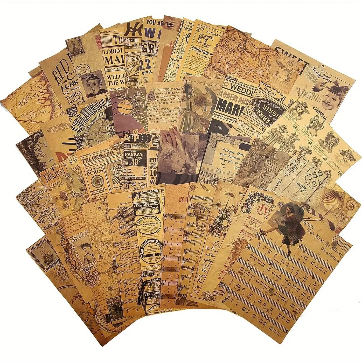 Vintage Craft Paper Scrapbook Set - Scrapbook Supplies, Decoupage Tissue Paper, 4 Distinct Themes (10 Sheets/Theme), 5.8x8.2 in Premium Office Stationery with Century Illustrations, Music Scores, Newspapers, Expedition Maps for DIY Planners, Junk Journals