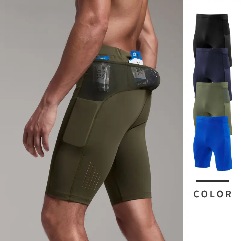Cycling training multi-pocket four-part shorts, marathon high-elastic tight sports pants, men's fitness compression shorts for running