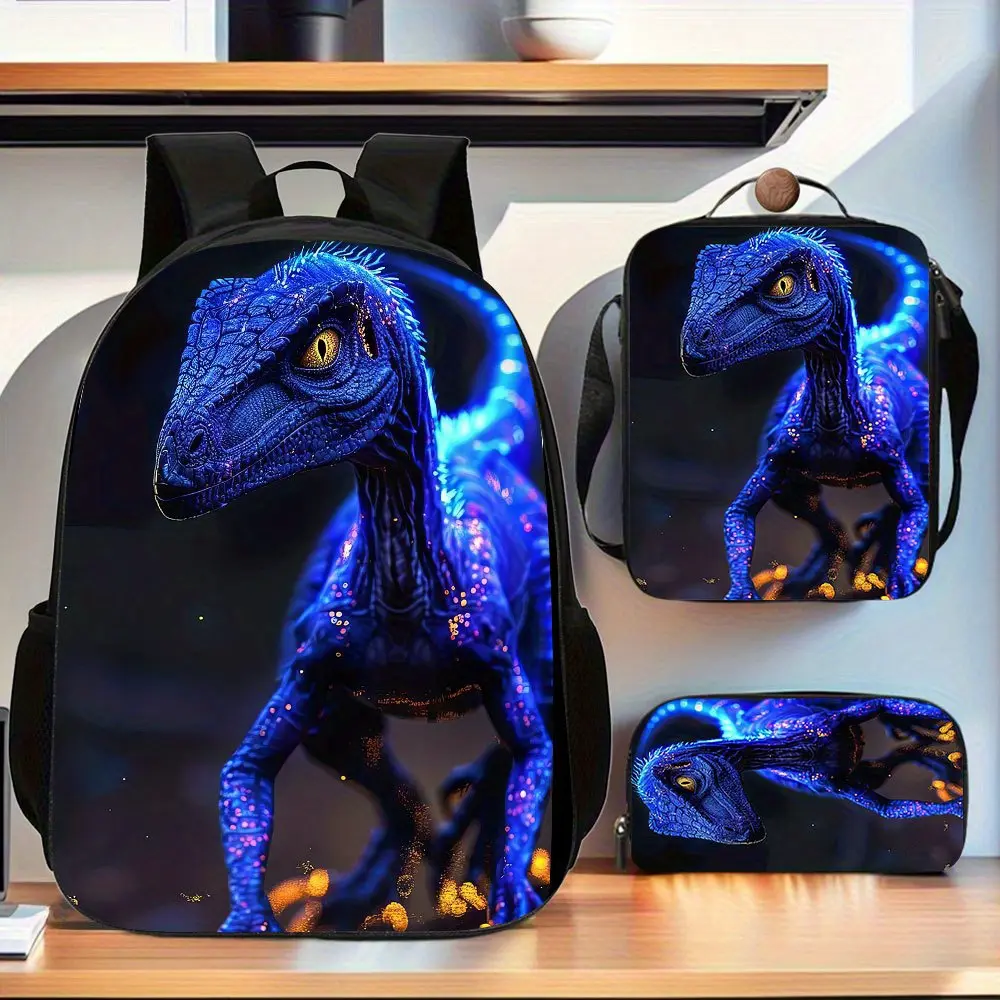 Kids' 3-Piece Bioluminescent Dinosaur Raptor Sci-Fi 3-in-1 Backpack Set with Golden Sparkles - Oxford Cloth, Insulated Lunch Bag, Cosmetic Bag, Adjustable Padded Straps, Zipper Closure, Back to School for Elementary School (Do Not Dry Clean)