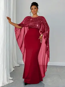 Elegant Plus Size Women's Mesh Sequin Shawl Collar Bodycon Dress, Casual Slim Fit Long Sleeve Formal Party Dress, Spring & Fall Fashion, Womenswear