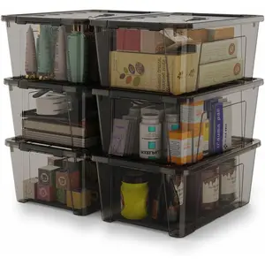 5-Quart Small Plastic Storage Container Bin with Secure Lids and Latch Buckles, Black Clear Durable Stackable Nestable Organizin, 6-Pack