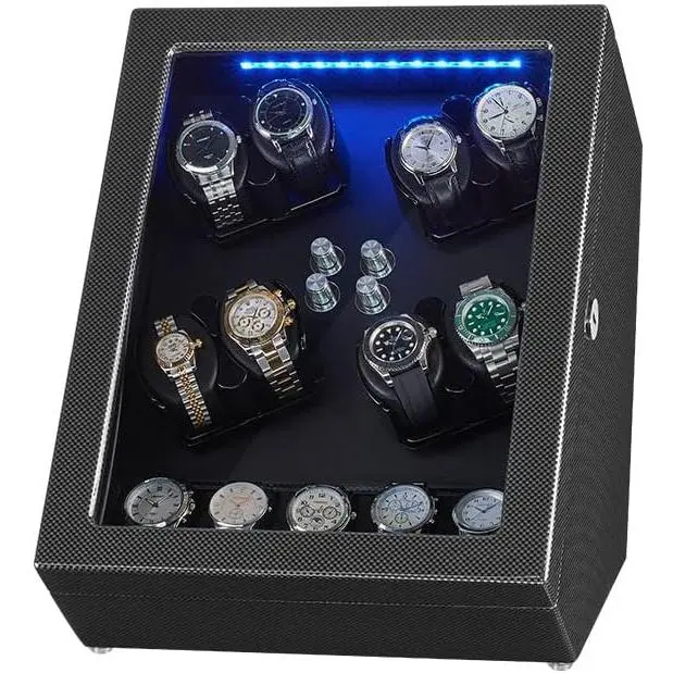 Automatic Watch Winder, Carbon Fiber PU Leather Case for 8+5 Watches with Quiet Motor, Blue LED Lights, and Security Lock & Key - Ideal Engagement or Wedding Gift, Prom, Everyday, Rectangle, Clasp, Deployant Clasp, Box, Elegant