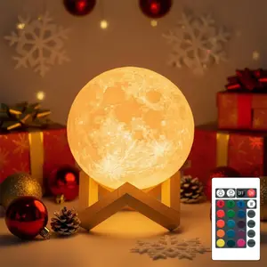 Moon Lamp 3D Night Light - 6.3' Christmas Table Decor w/Wooden Base, Gift for Women, Mom & Kids, Bedroom Decor w/Touch-Dimmable & USB Rechargeable, Dual-Color White/Warm Yellow