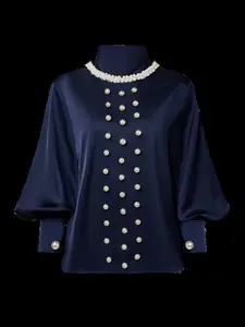 Elegant Satin Pearl Palace Style Fitted Blouse, Lantern Sleeve Vintage Elegance Top, Perfect for Office Wear, Commute, Dates, Parties, Valentine's Day Gift