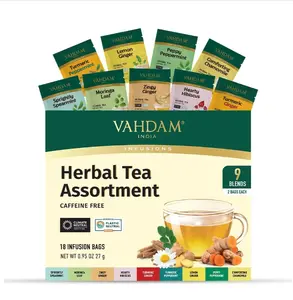 VAHDAM, Assorted Herbal Tea Sampler (18 Tea Bags, 9 Flavors) Caffeine-Free, Non-GMO | Double Infusion, Individually Enveloped Tea Bags | Herbal Tea Assortment