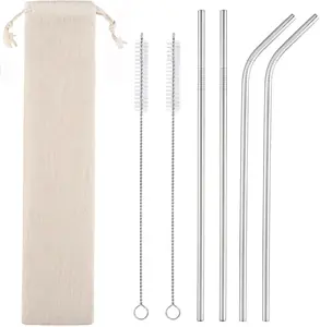 Set of 4 Reusable Metal Straws, Long Stainless Steel Straw with Cleaning Brushes and Case, Drinking for 30 oz and 20 oz Tumblers. Plastic Portable
