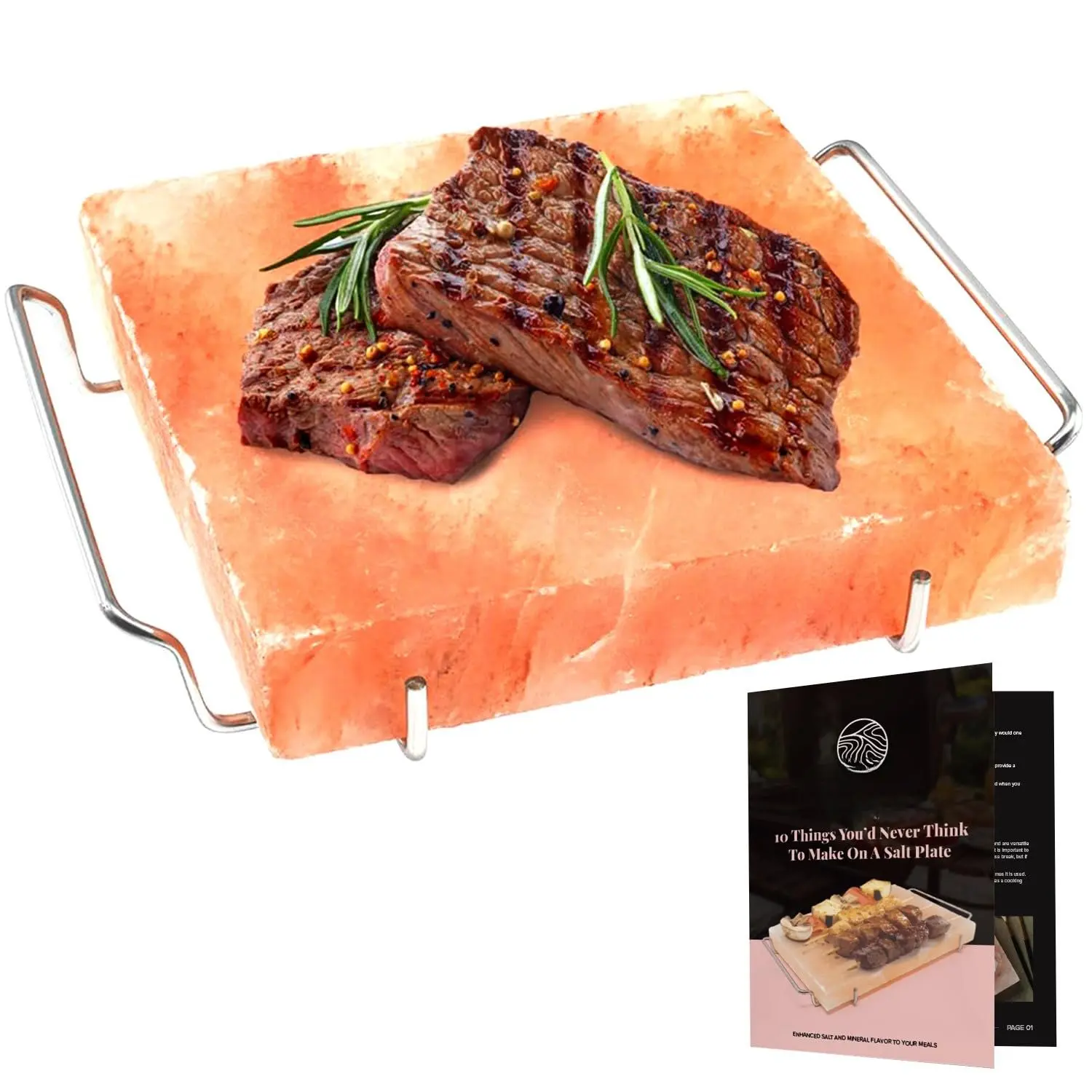 Himalayan Salt Block For Grilling, Cooking,  and Serving,8X8X1.5  Grade Himalayan Pink Salt Stone on Stainless Steel Plate & Recipe Pamphlet,  Gifts for Men, Women, Chef, Cooks