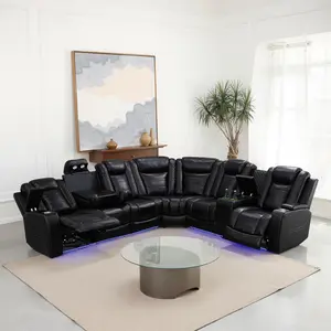 Power Recliner Sectional Sofa with LED Light, Breathing Leather Recliner Sofa Couch with Storage/Cup Holder for Living Room Home Office Theater(Black-PRO)