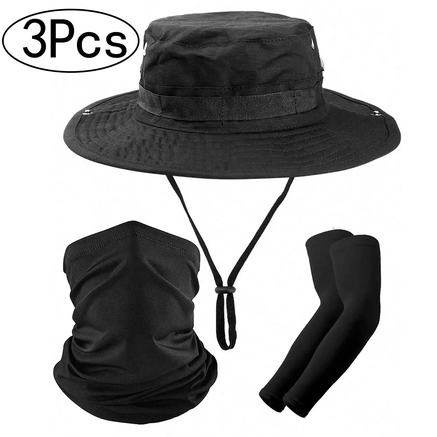 3Pcs Men's Camouflage Hat and Wide Brim Cap Set, Sun Visor Hat, UV Protection Tactical Fisherman Hat, Outdoor Sports Hiking Camping, Casual Style, Adjustable Outdoor Cap