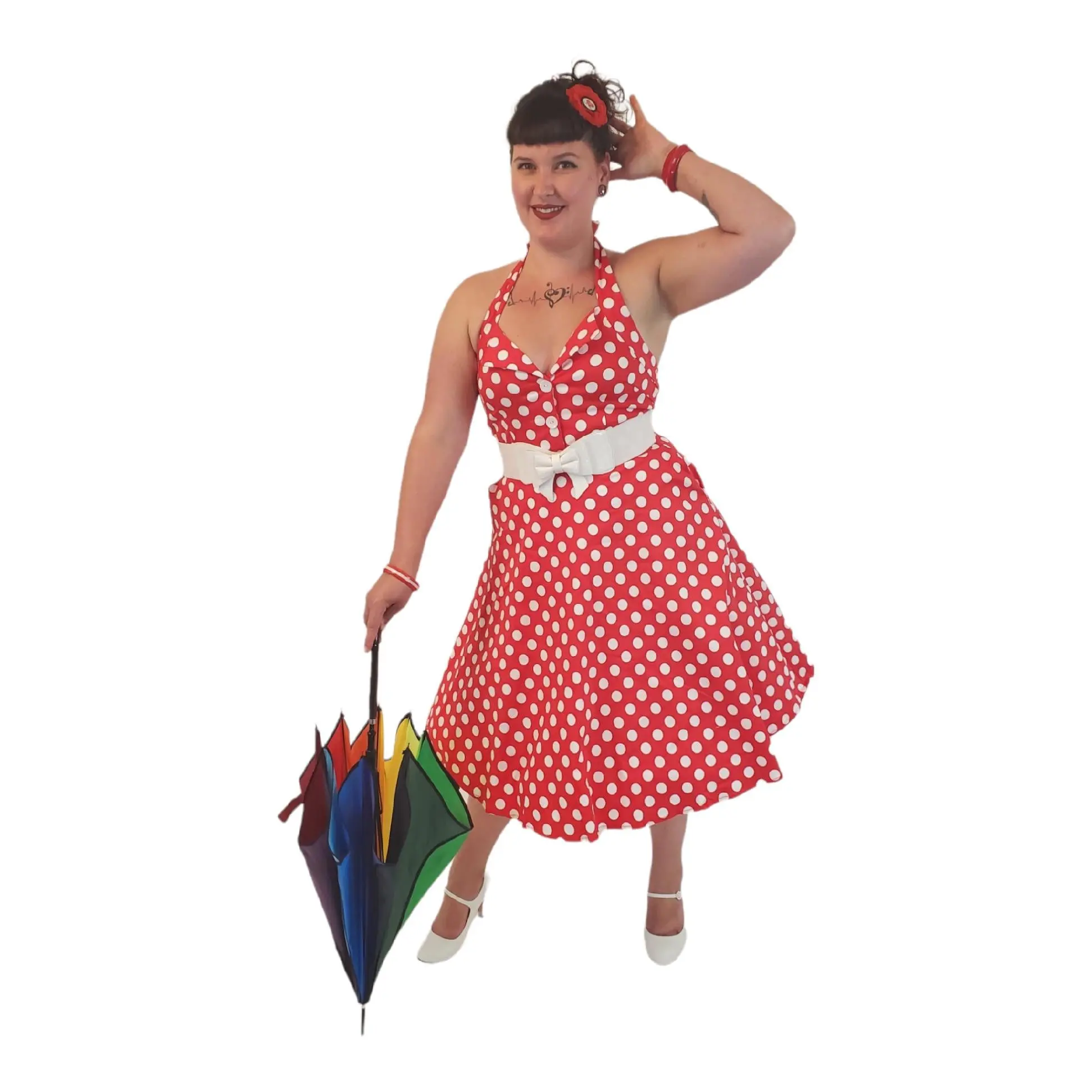 Women's Retro Rockabilly Polka Dot Halter V-Neck Dress - Casual Wear with Flared Swing Skirt, Belt-Ready Casual Cotton-Spandex Fabric, Lady, Flare Skirt, Sleeveless, Women's Clothes, 2X, Belted, Fit & Flare