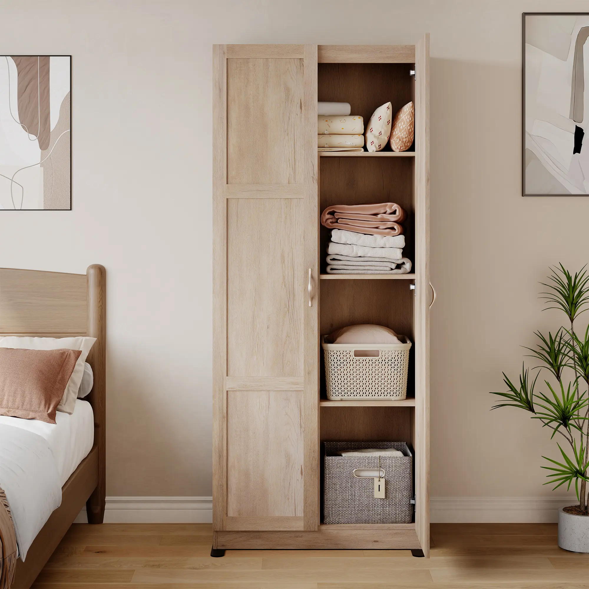 Sturdy Wooden Office Storage Cabinet - 4-Compartment Large-Capacity Closet Storage Wood Cabinet, Clutter-Free Organizer for Bedroom, Living Room Files, Blankets, Books, Clothing